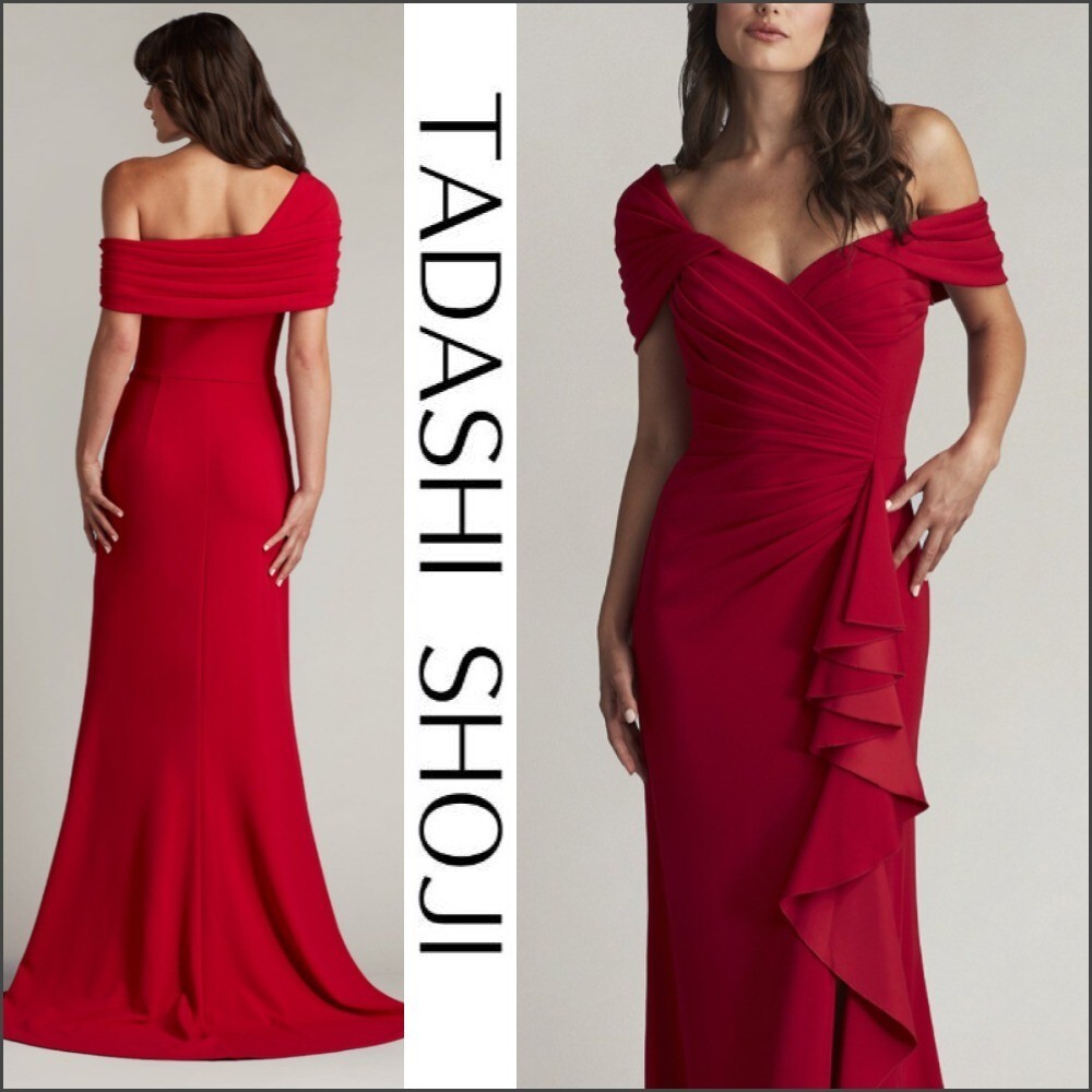 TADASHI SHOJI Scarlet Pleated Draped Ruffle One Shoulder Dress Gown XL = 14/16
