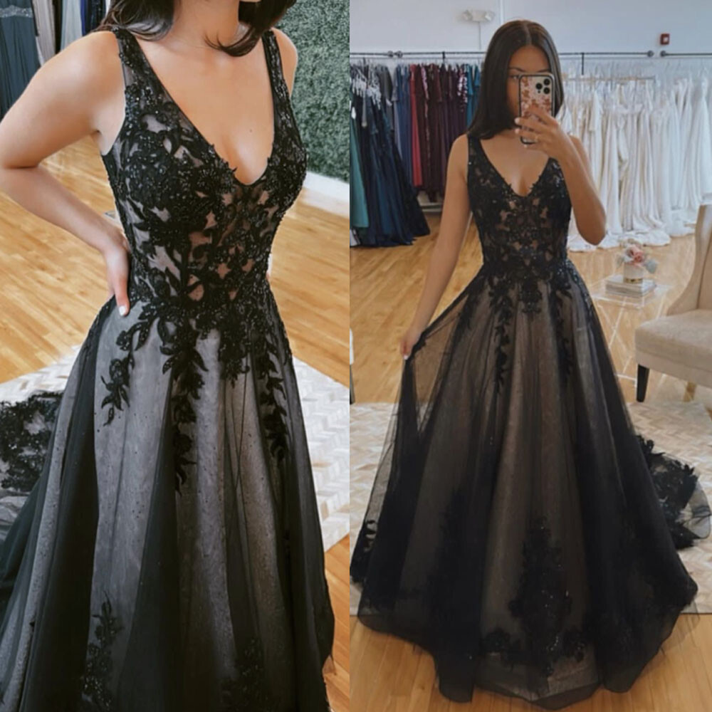 Sleeveless V Neck Black Lace Tulle A Line Evening Prom Dresses Long Train