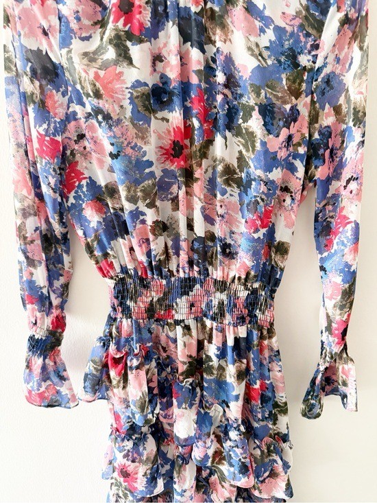 MISA Savannah Chiffon Floral Print High Low Long Sleeve Dress Size Small (S)