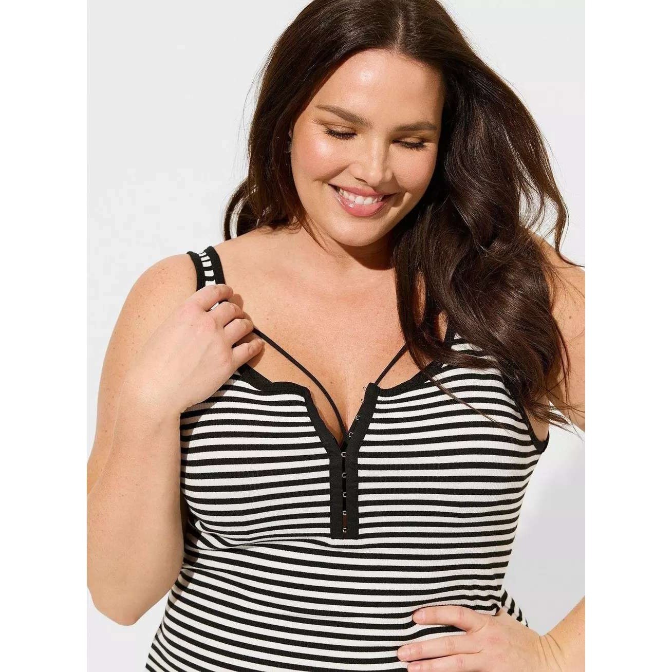 Torrid Black White Striped Ribbed Hook Eye Front Midi Bodycon Tank Dress Womens
