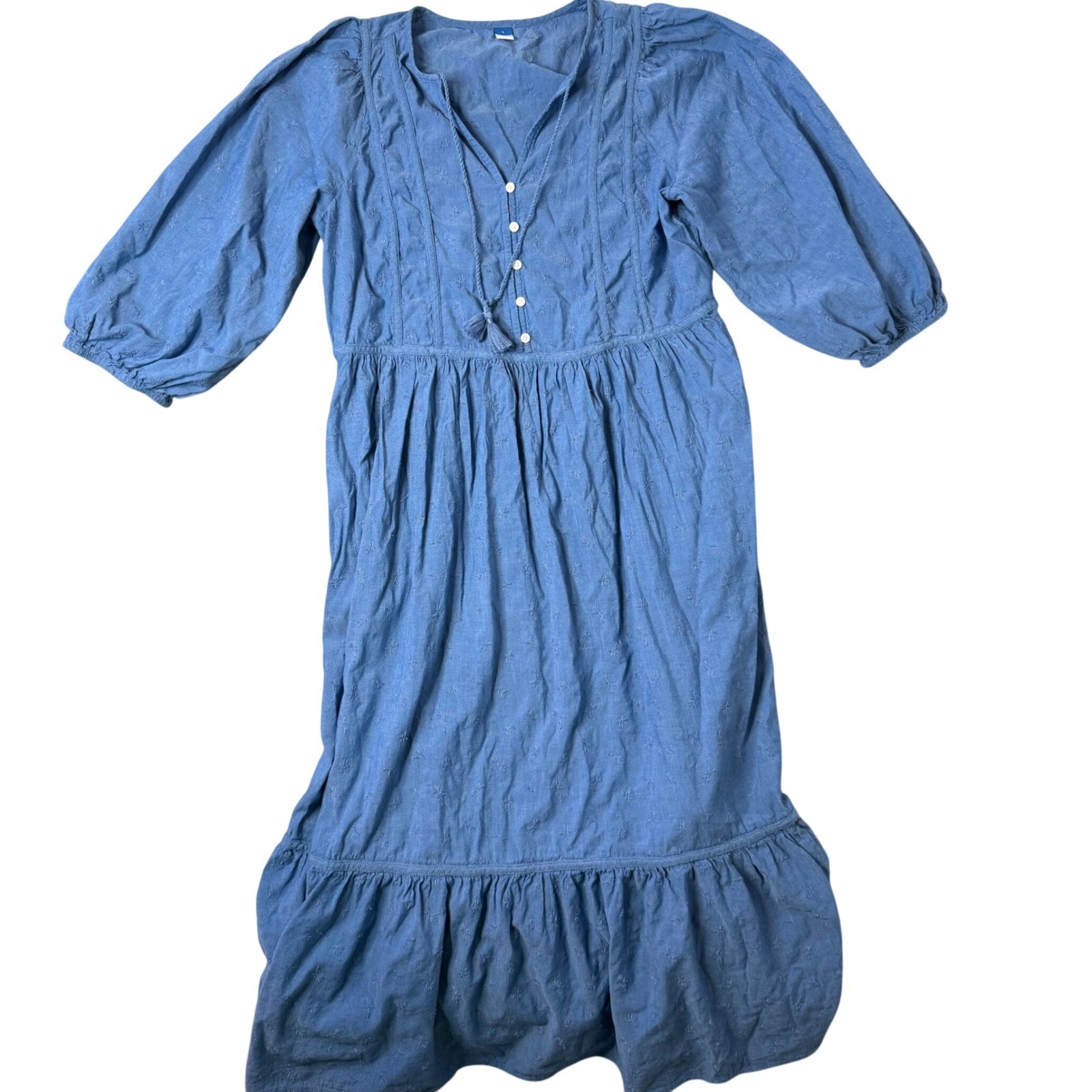 Old Navy Tiered Maxi Dress Size L Blue Embroidered Romantic Western BOHO Tassel