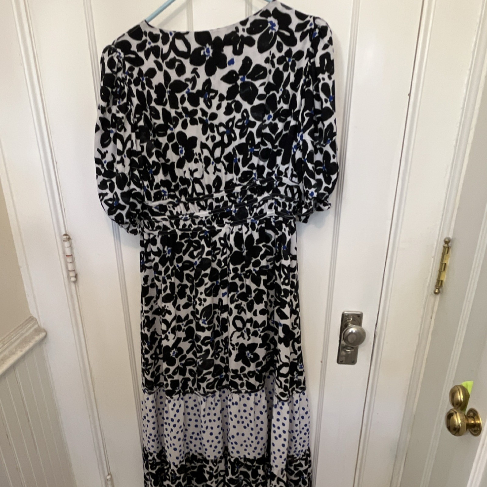 Love, Whit Black White Blue Floral Polka Dot Maxi Dress XL V-Neck Tie Short Sle…