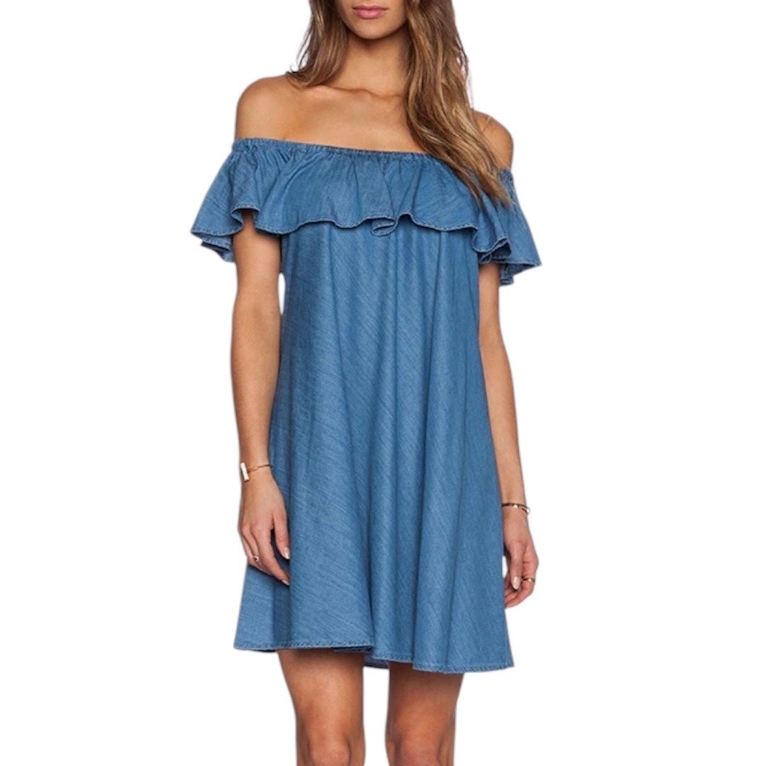 AG Jeans x Alexa Chung The Honey Mini Dress Ruffle Off the Shoulder Medium Blue