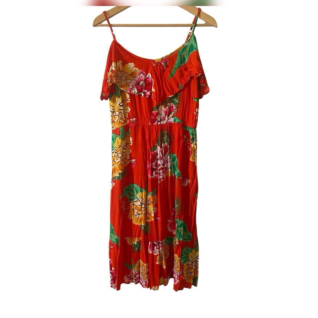Old Navy Petite L Orange Floral Cold Shoulder Ruffle Strap Maxi Midi Dress