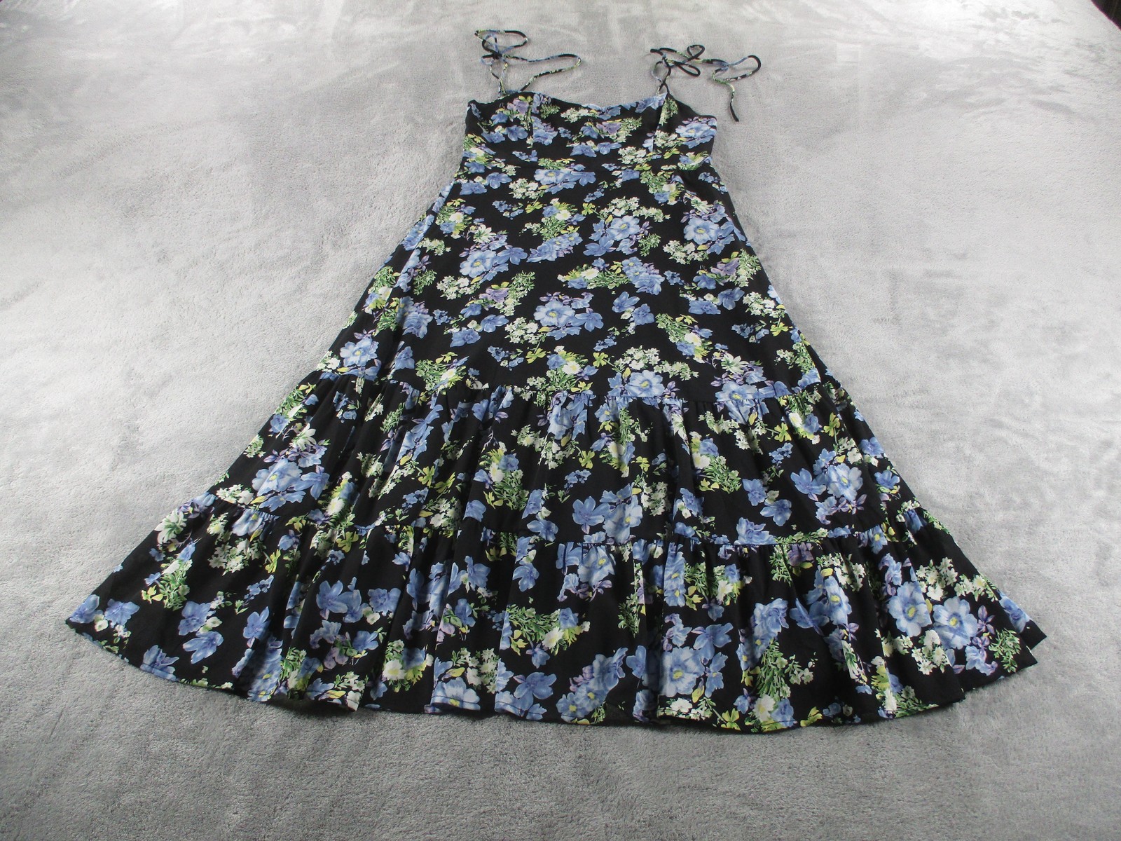 Lulus Dress Womens Large Black Floral Tie Strap Tiered Maxi Sundress Summer