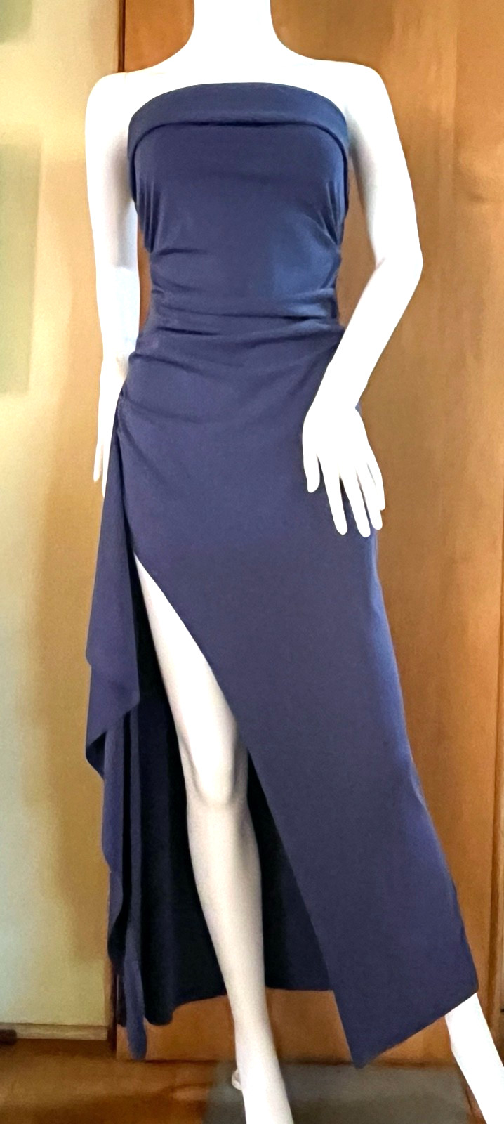 WOMEN’S NAVY BLUE RUCHED SIDE SLIT STRETCHY STRAPLESS LONG MAXI DRESS – M