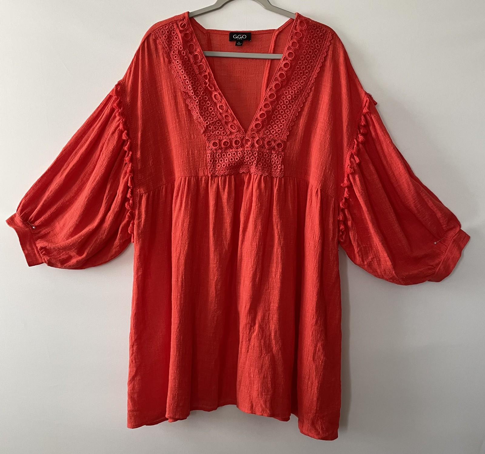 GiGio Tunic Dress 3/4 Sleeve Lace Trim Coral Red Women Size L-C