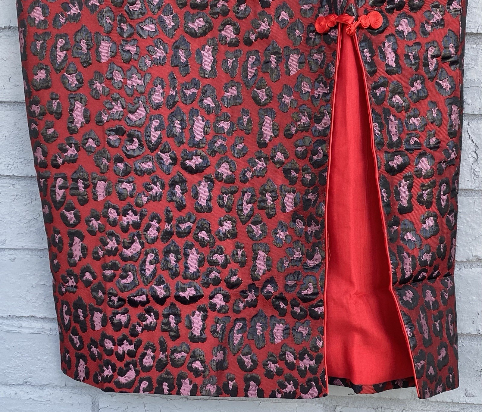 00s Size L Metallic Leopard Animal Print Y2K Mandarin Cheongsam Qipao Red Black