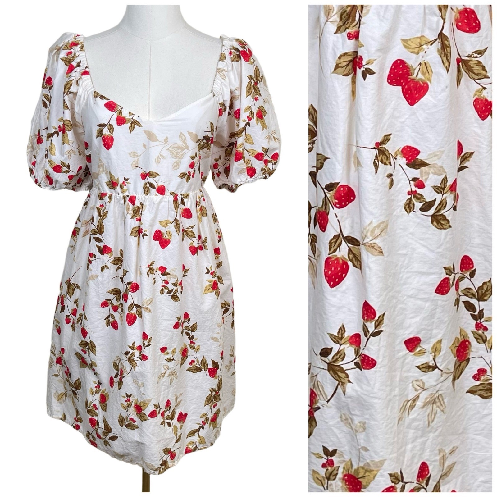 Old Navy Strawberry Print Mini Dress Womens M White Puff Sleeve Smocked Cottage