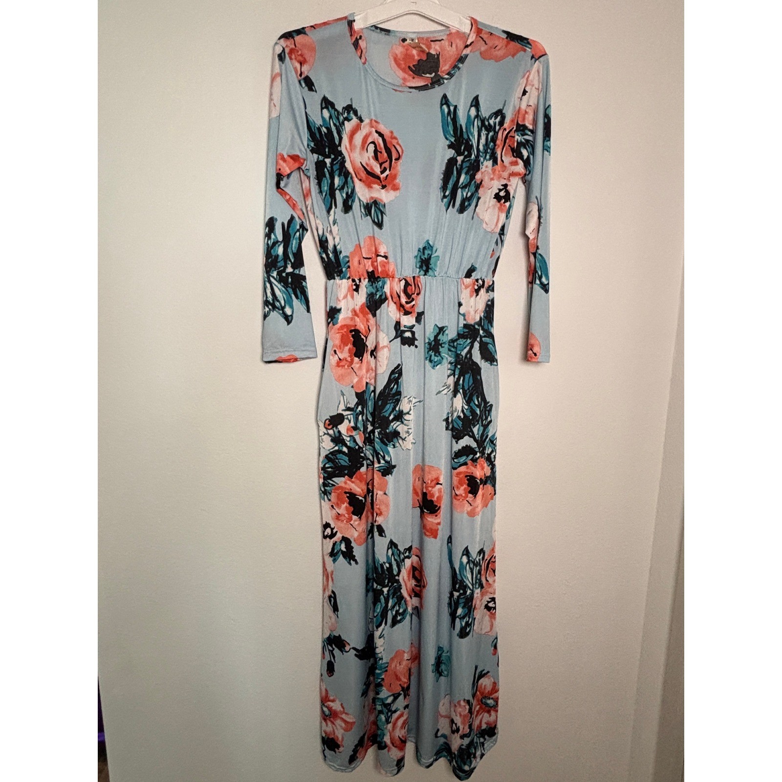 Shoreline Womens Blue Floral Maxi Dress Long Sleeve Elastic Waist Size Medium