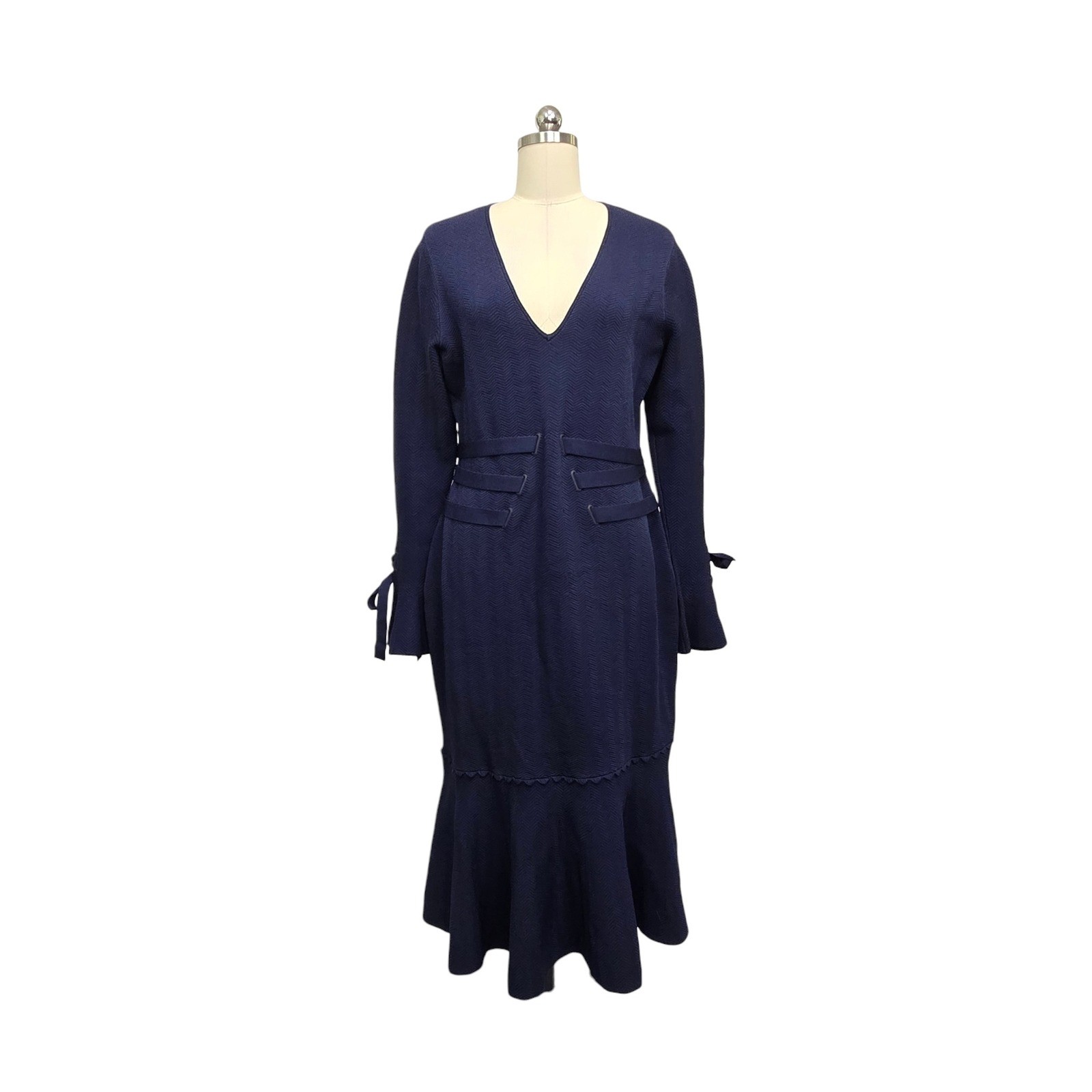 Jonathan Simkhai Navy Blue Knit V-Neck Midi Dress Tie Cuff Size 14 Quiet Luxury