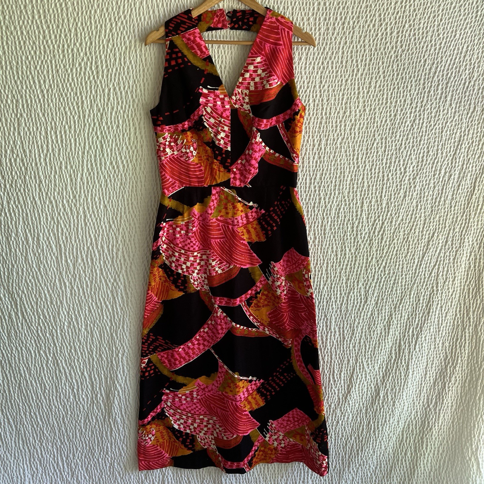 Vintage 70s Barkcloth Tiki Aloha Maxi Dress Empire Open Back Darts M Colorful