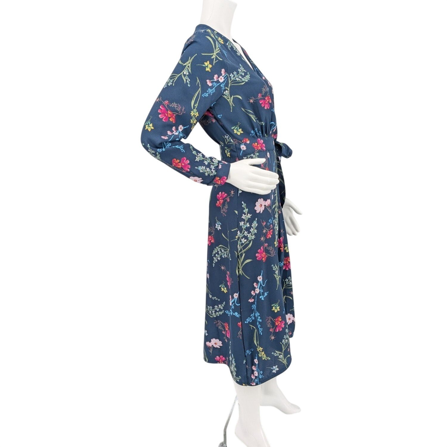 Floral Wrap Midi Dress Cottage Long Sleeve Tie Waist Cottage Office Vacay Medium