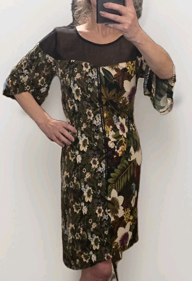 Desigual Morgana Floral Patchwork Dress Sze S Sheer Mesh Bell Sleeve Cottagecore