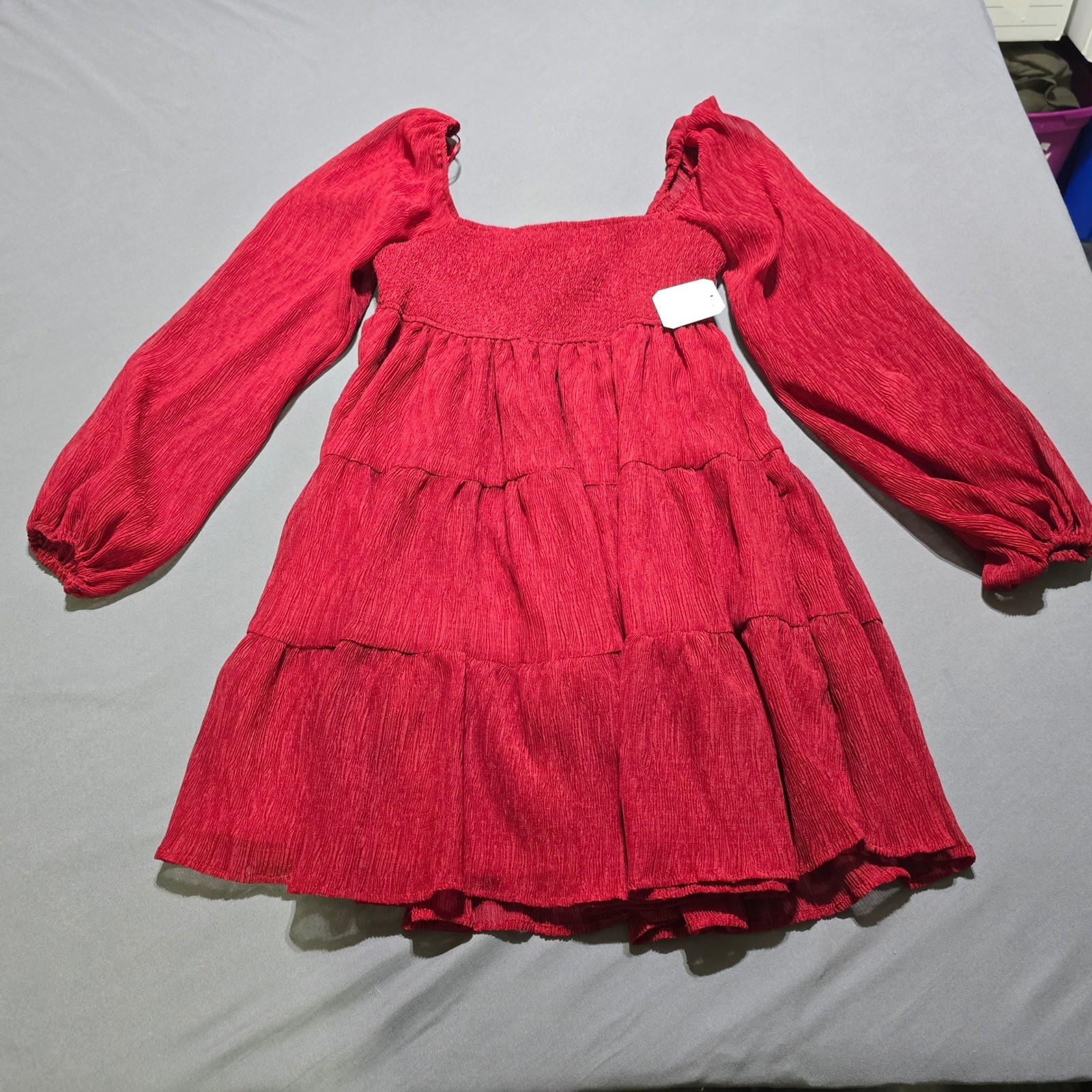 Altar’d State Mini Dress Women Small Red Smocked Tiered Long Sleeve ID3729