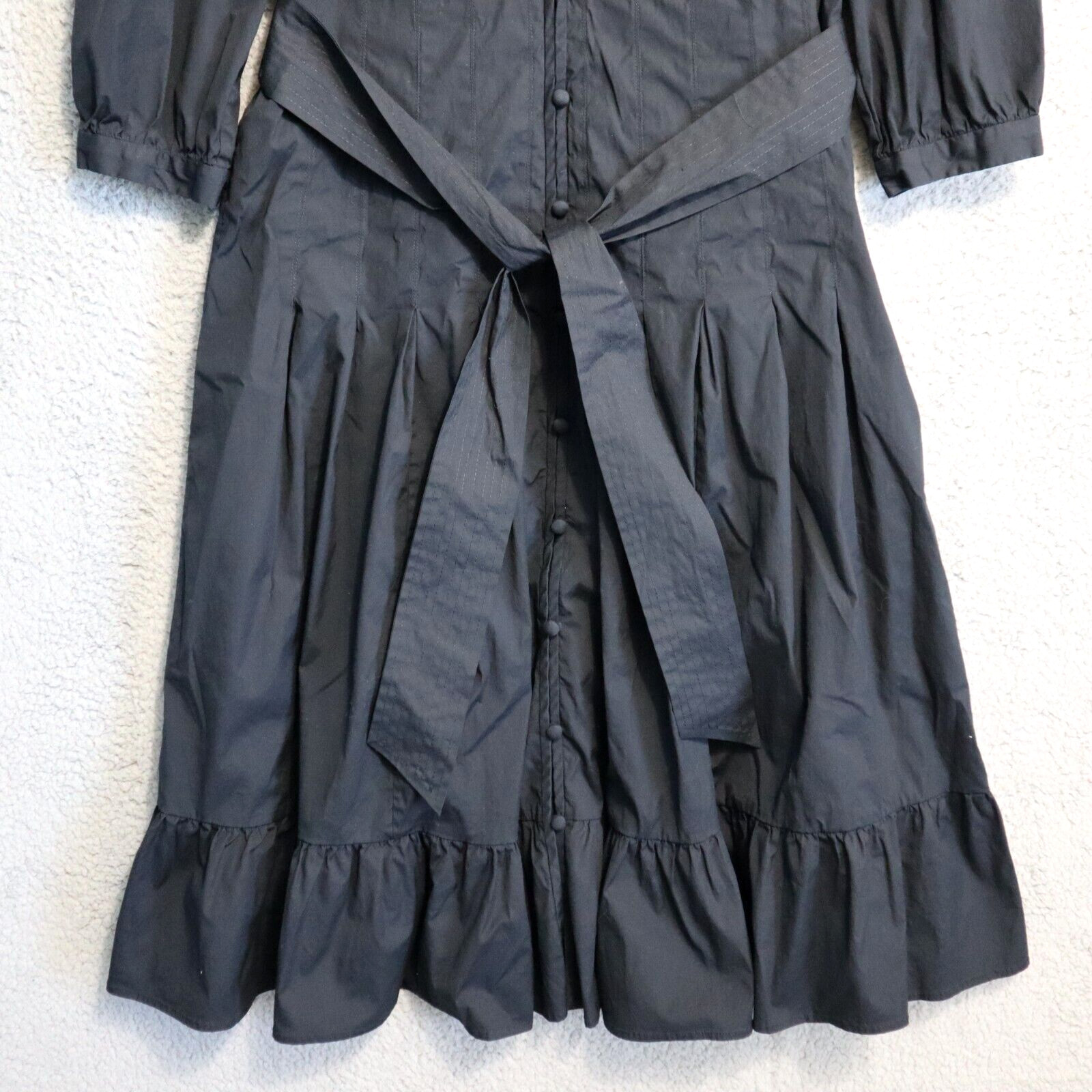 Veronica Beard Dress 14 Black Midi Button Belted Izie V Prairie Lined Boho