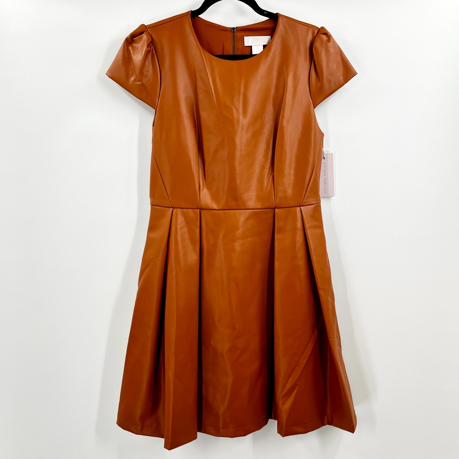 NWT Rachel Parcell Cognac Vegan Leather Dress Pleated Fit & Flare Dress Size 8