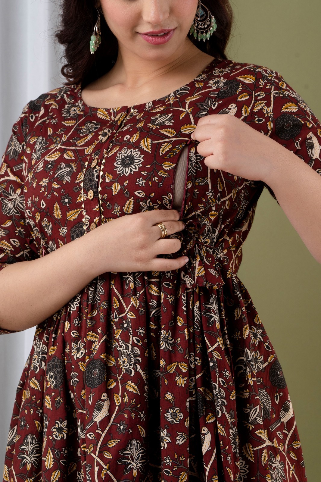 Brown Maternity Nursing Gown and Postpartum wear Kurti with side Feeding zippers