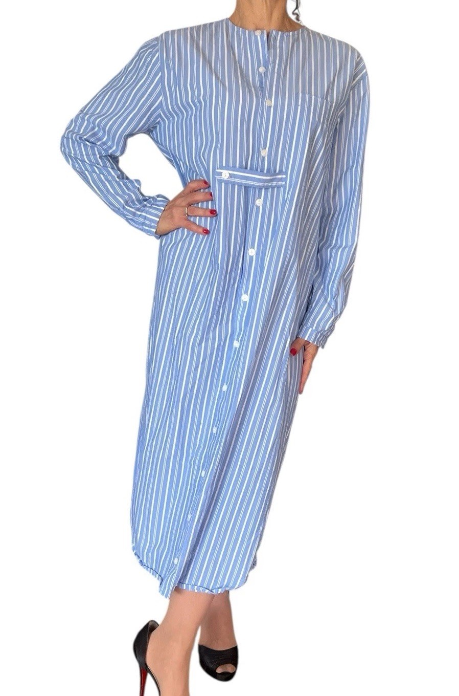 SOLIKA BLUE STRIPE SHIRT DRESS LONG SLEEVE POPLIN MODEST MIDI OVERSIZED S OR M