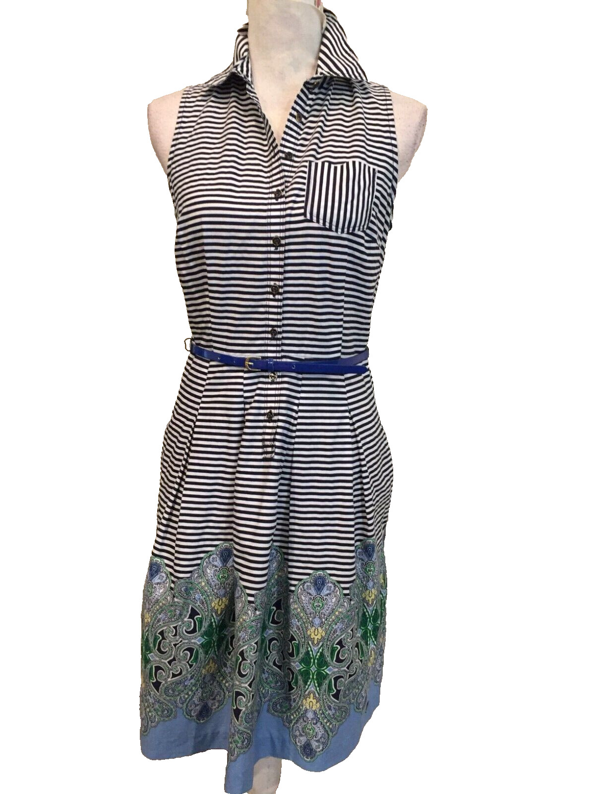 Tommy Hilfiger Dress with Belt, SZ SP, Sleeveless, Striped, Collared, V-neck