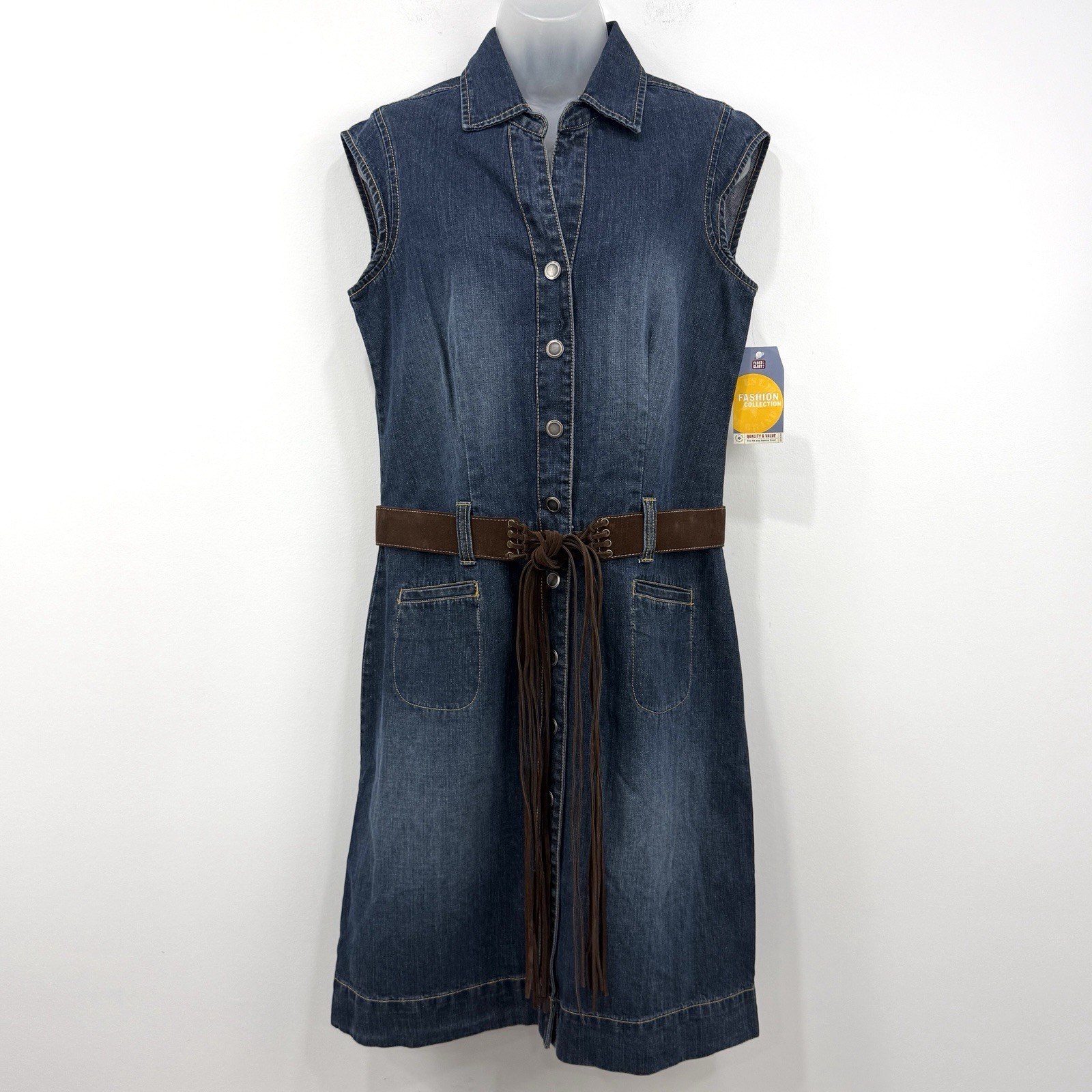 VTG Y2K Faded Glory Denim Shirtdress 10 NWT Western Cowgirl Fringe Belt Country