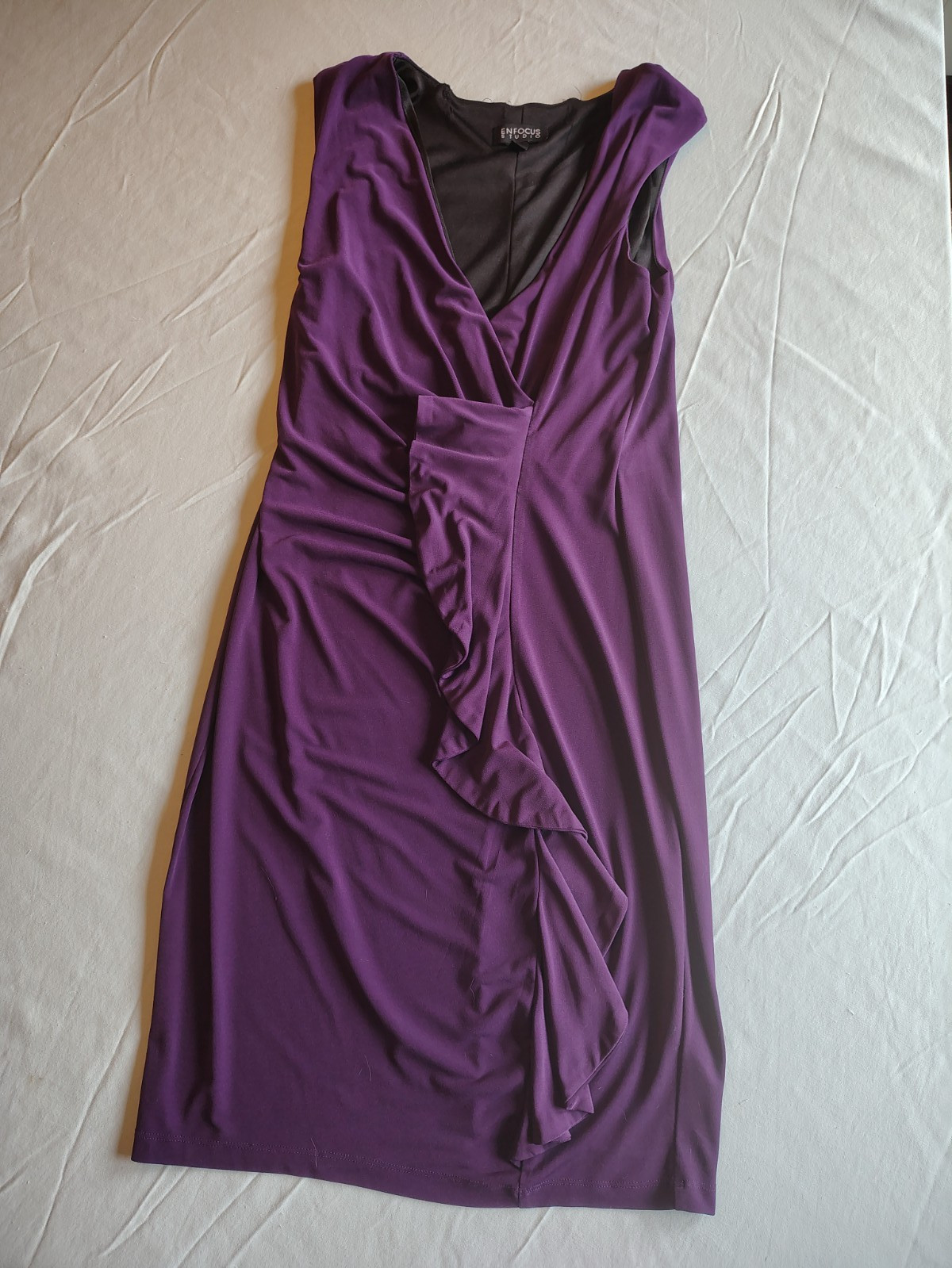En Focus Studio Purple V-Neck Cap Sleeve Ruched Ruffle Sheath Dress 8