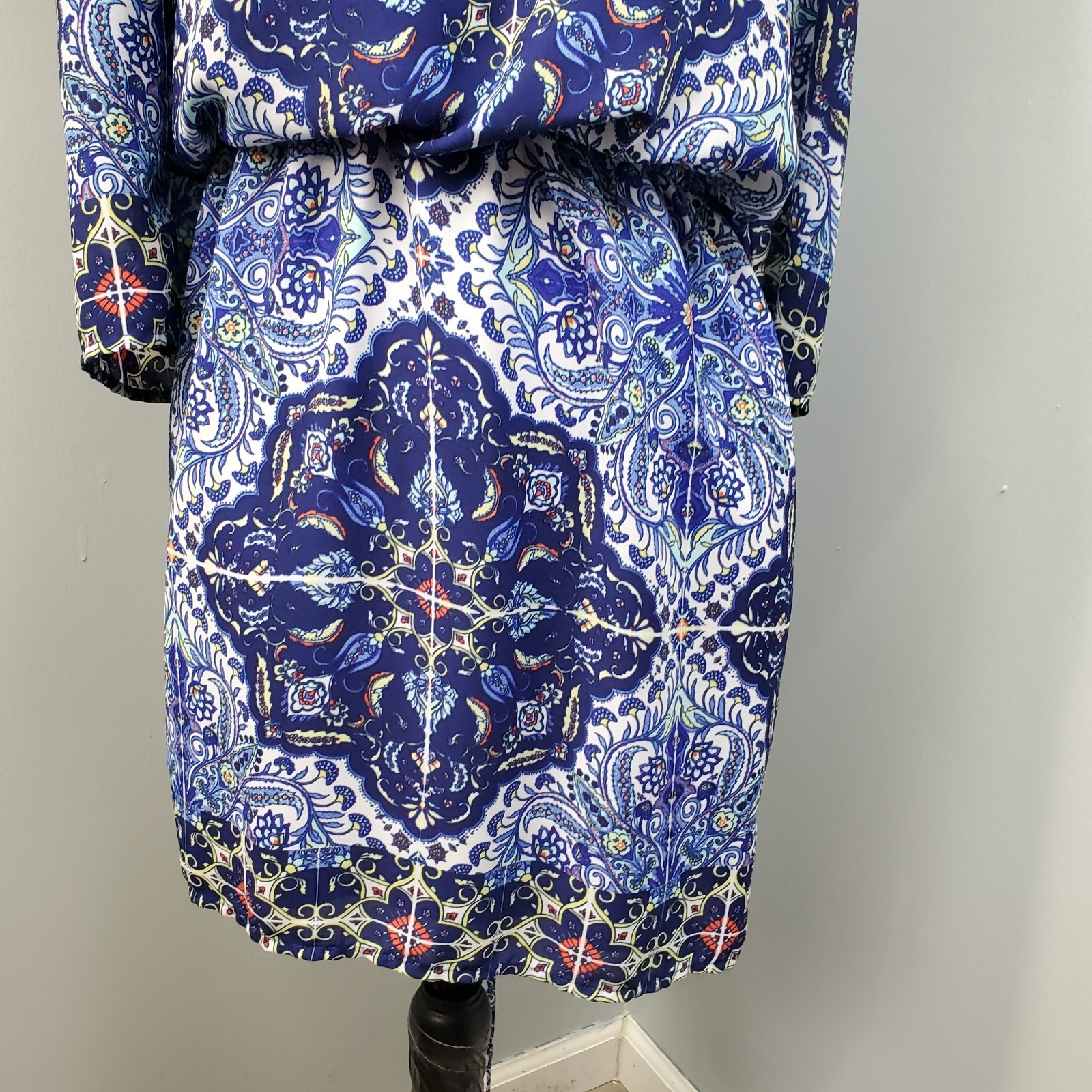 BISOU BISOU Cold Shoulder Blouson Dress Women Small Multi Geo Print Lace-Up Back