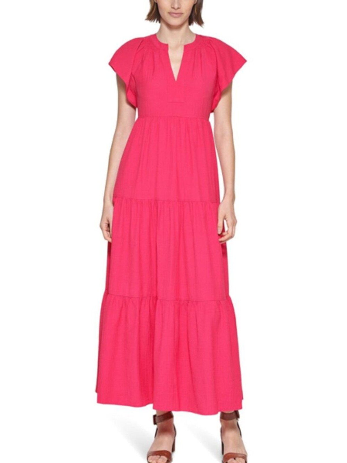 Calvin Klein Flutter Sleeve Gauze Midi Dress Lipstick Color Size 12