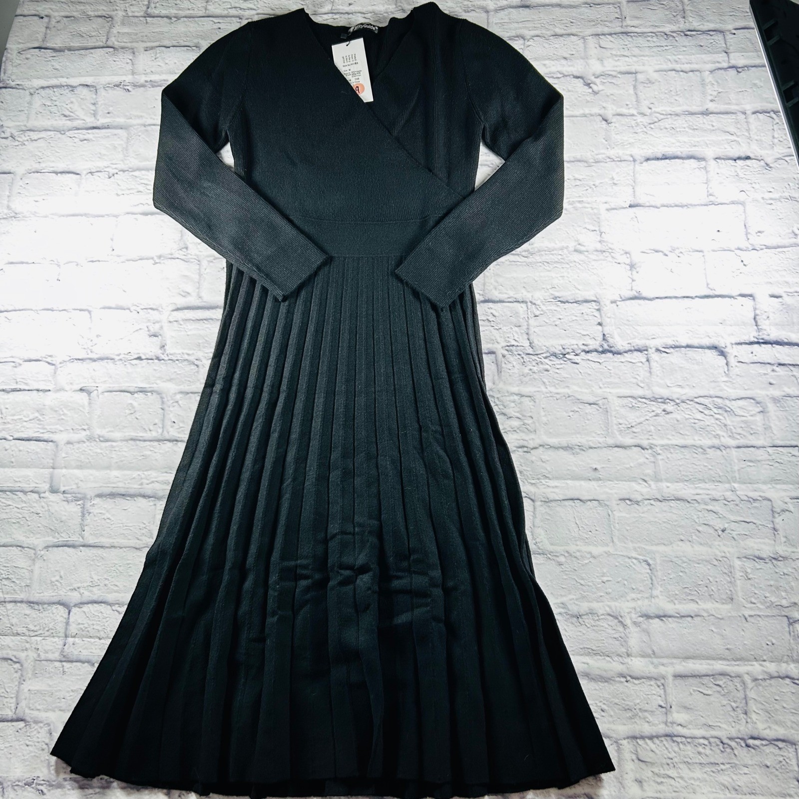 PrettyGuide Womens Black Wrap V-Neck Pleated Knit Midi Sweater Dress Medium NWT