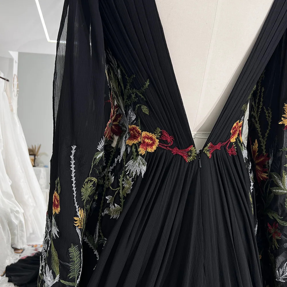 Black Wedding Dresses Long Sleeves A Line Colored Floral Embroidered Bridal Gown