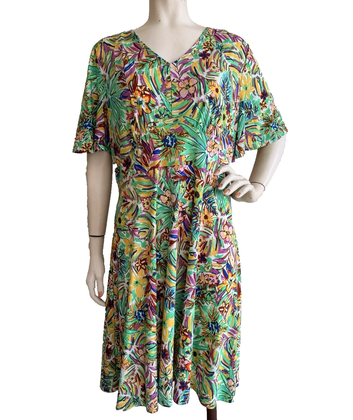COLINE Dress Green Multi Color Floral Stretch Flutter Sleeve Art to Wear Size XL