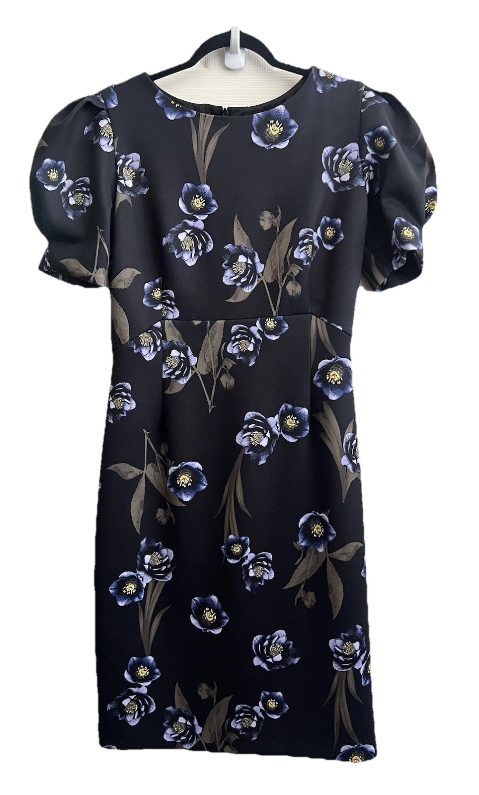 ALEX MARIE Black Floral Neoprene Scuba Puff Sleeve Stretch Sheath Dress Sz 10