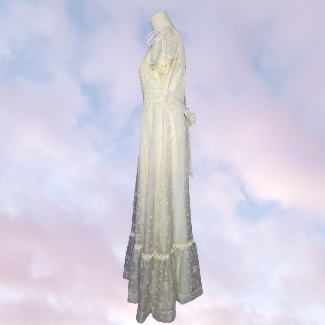 60s 70s Vtg Long Maxi Prairie Cottage Cream Floral Ruching Frill Dress Sz 9 / 10