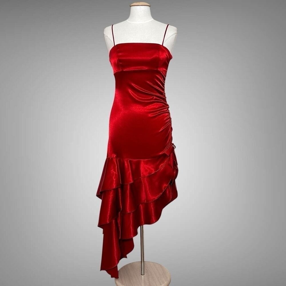 VTG Nites Women Dress 7 Red Satin Asymmetrical Y2K Prom Cocktail Formal Evening