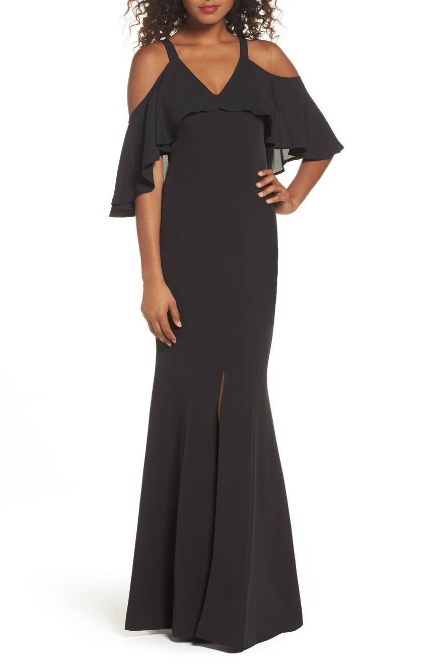 JAY GODFREY Black Flutter Chiffon Overlay Cold Shoulder Maxi Gown Dress 6 US S