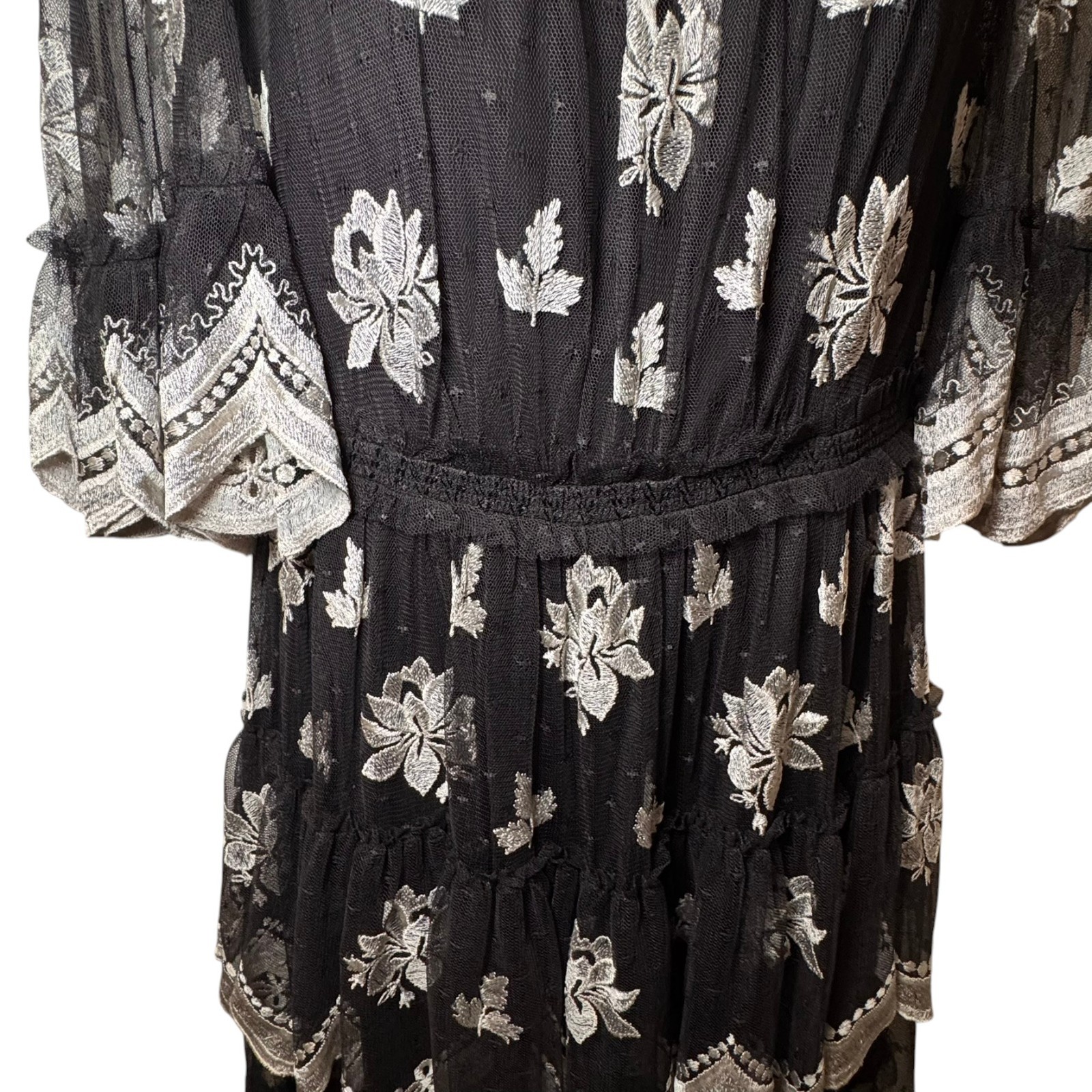 Needle & Thread Amber Petal Embroidered Tiered Lace Dress/Gown Black US 6