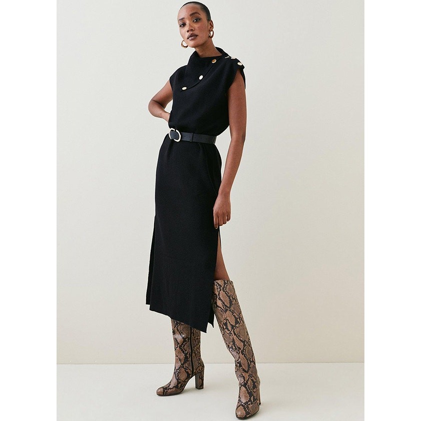 KAREN MILLEN Belted Knit Midi Dress NWT Black Wool Blend Short Sleeve Women’s XS