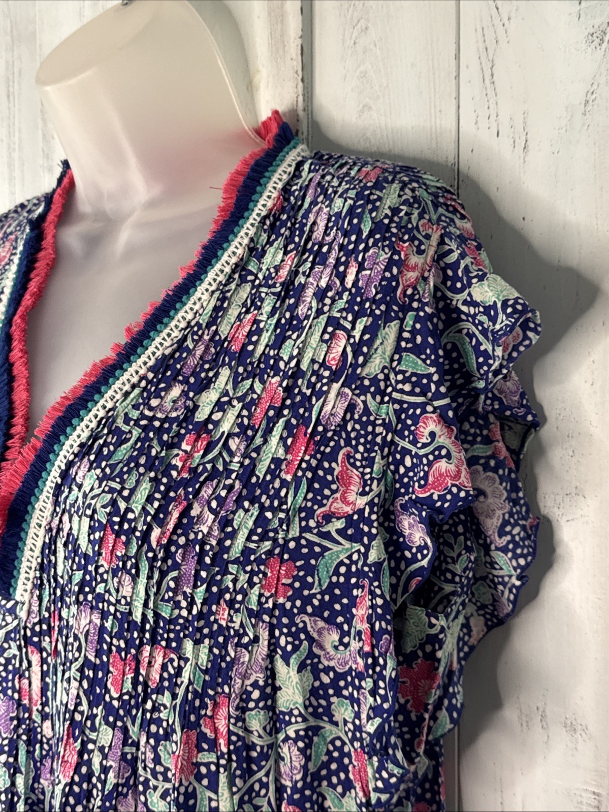 POUPETTE ST BARTH SASHA MINI DRESS SIZE LARGE BLUE PINK FLORAL FLUTTER SLEEVE