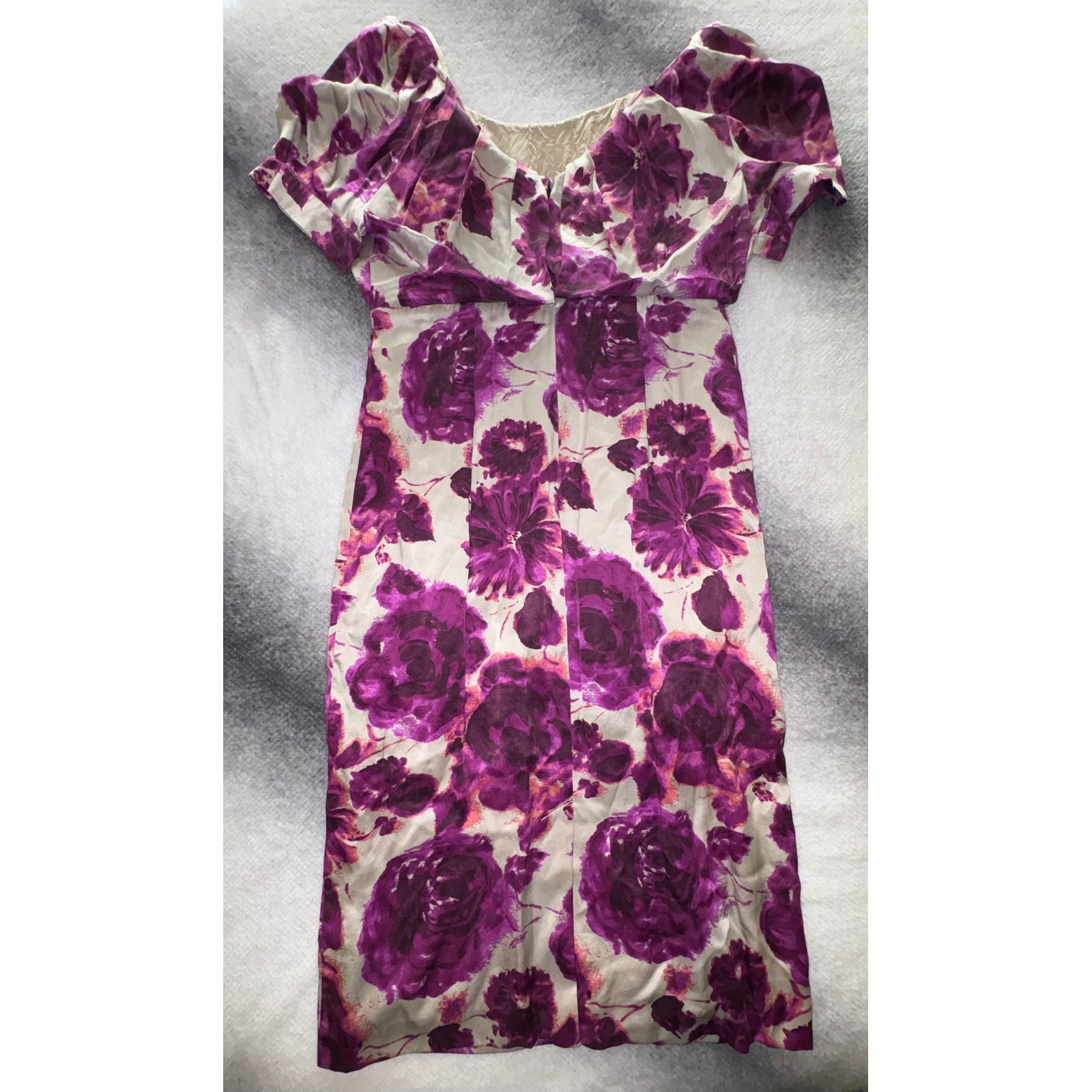 (B5) Moda International Silk Purple Floral Rose Puff Sleeve Midi Dress 14 NWOT