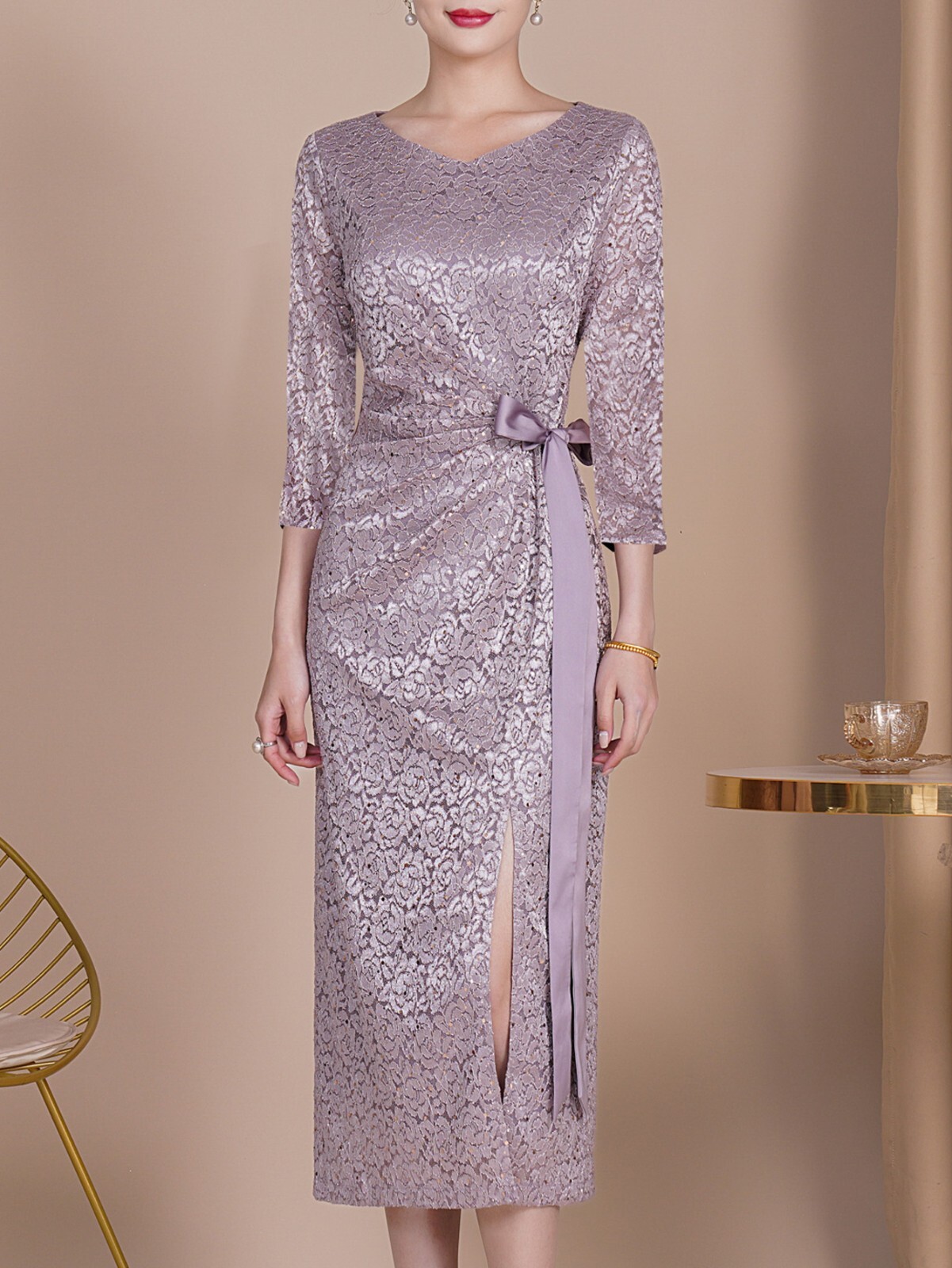 Lace Sequin Bow V-neck Mid-sleeve Dress Elegant For Wedding Party Evening