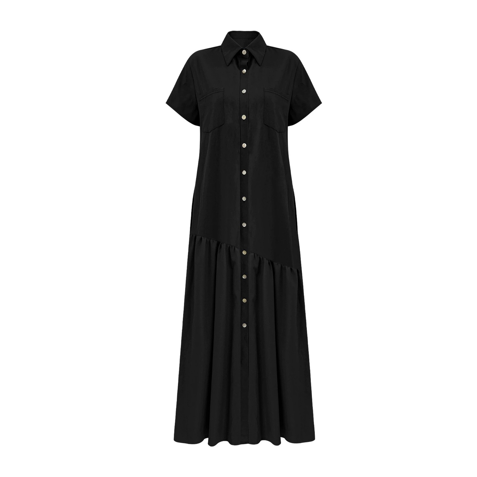 Womens Minimalist Solid-color Lapel Dress With Slanted Ruffled Hem