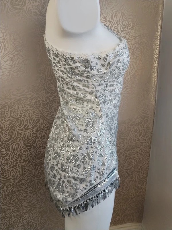 White Silver Sequin Glitter Mini Dress One Shoulder Tassel Sequin Hem UK Size 8