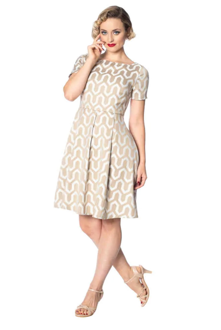 Banned Retro Beige Geometric Shift Mini Dress Mod 60s Style UK 14 US 10 L