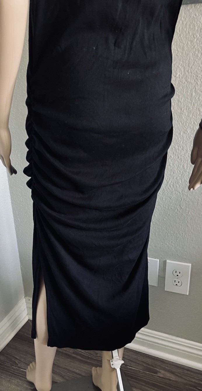 MICHAEL STARS Ruched Side Slit Bodycon Ribbed Maxi Dress Lounge Casual City XL