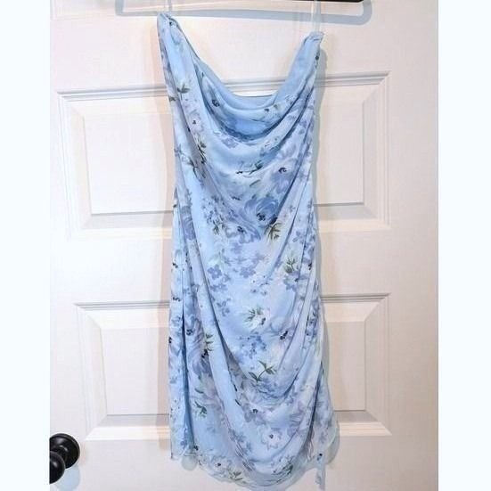 No Boundaries Blue Floral Mesh Strapless Ruched Dress