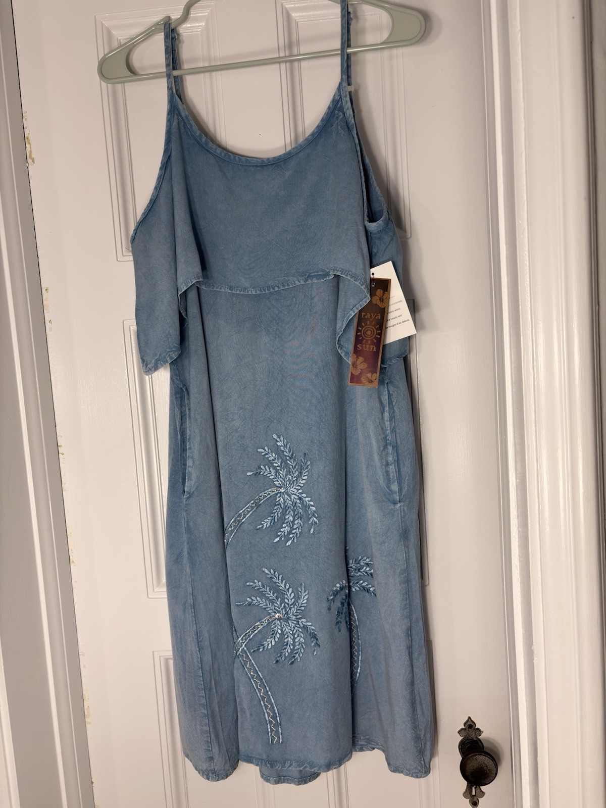 raya sun Light Blue Cover Up Dress Palm Tree Embroidered NWT