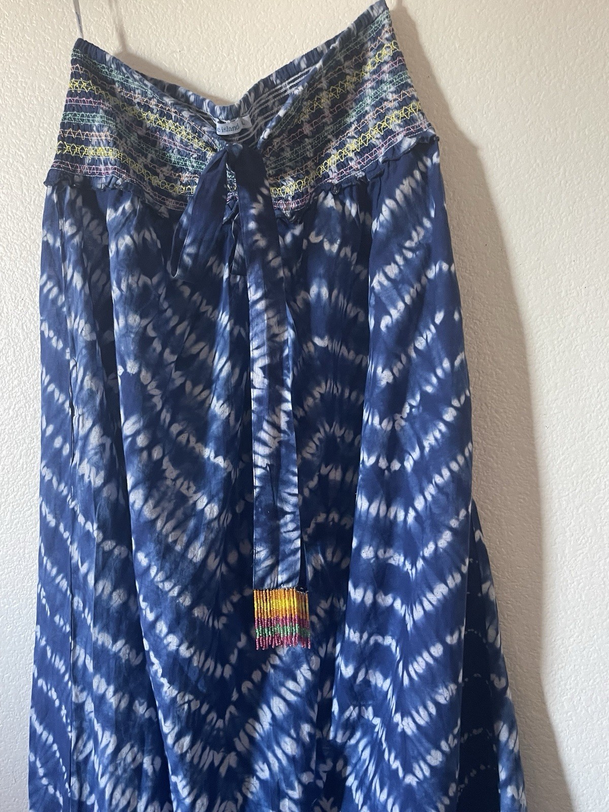 Blue Island One Size Blue/White Tie Dye Midi Sundress Smocked Beaded Fringe