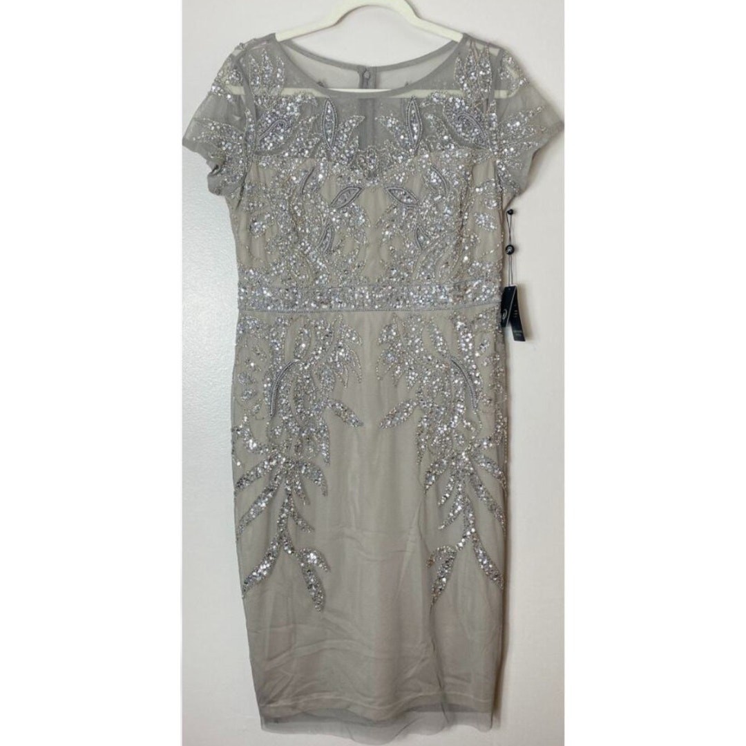 ADRIANNA PAPELL DRESS 14 SILVER SEQUIN BEADED WEDDING GUEST COCKTAIL PARTY SHORT