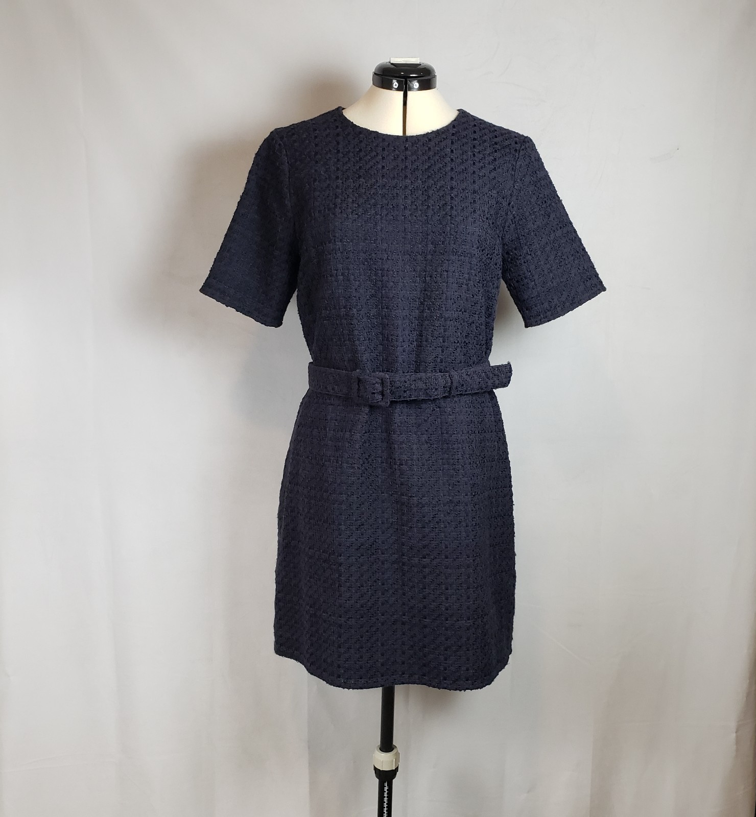 & Other Stories Belted Tweed Mini Dress Navy A-Line Modern Chic Trendy Size 10