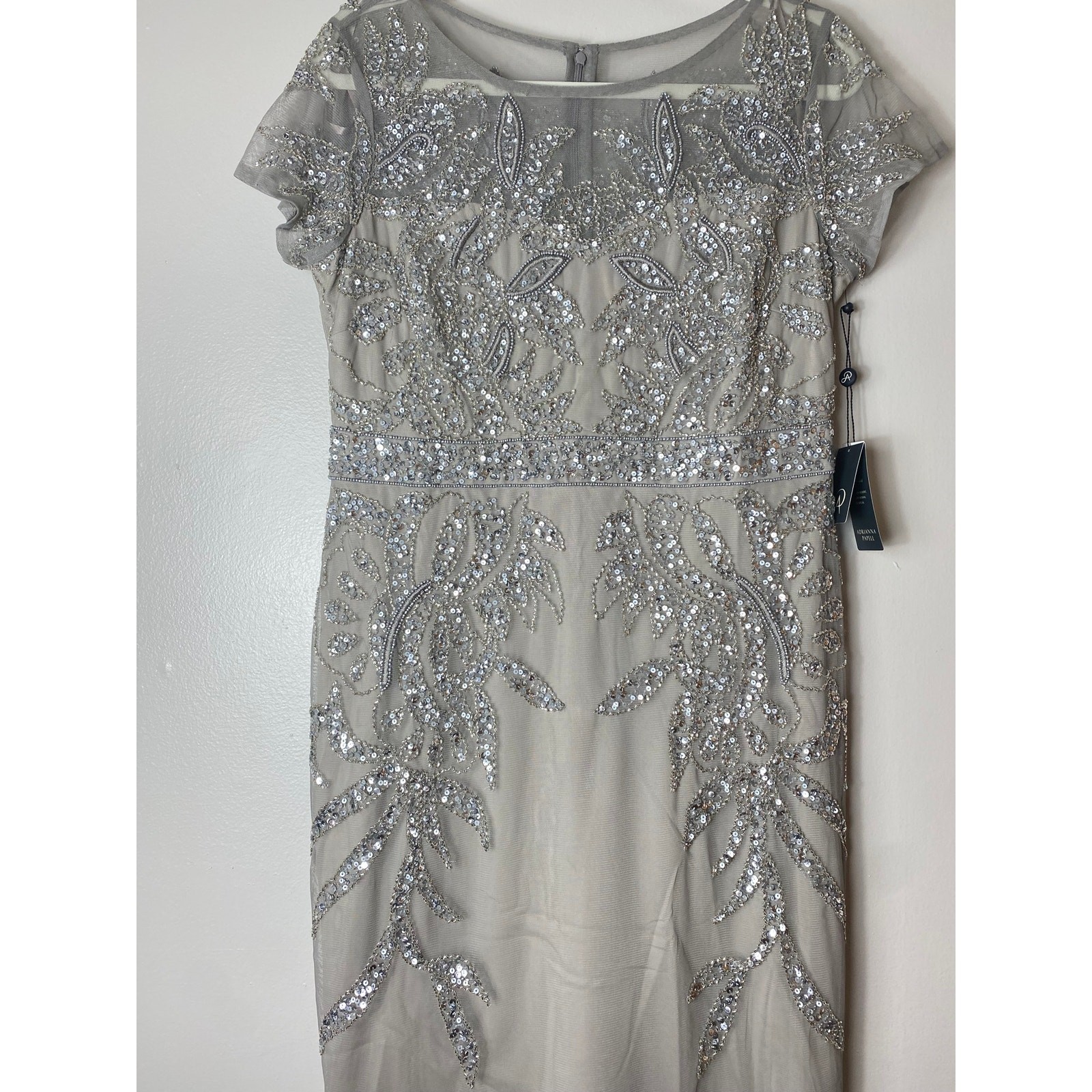 ADRIANNA PAPELL DRESS 14 SILVER SEQUIN BEADED WEDDING GUEST COCKTAIL PARTY SHORT